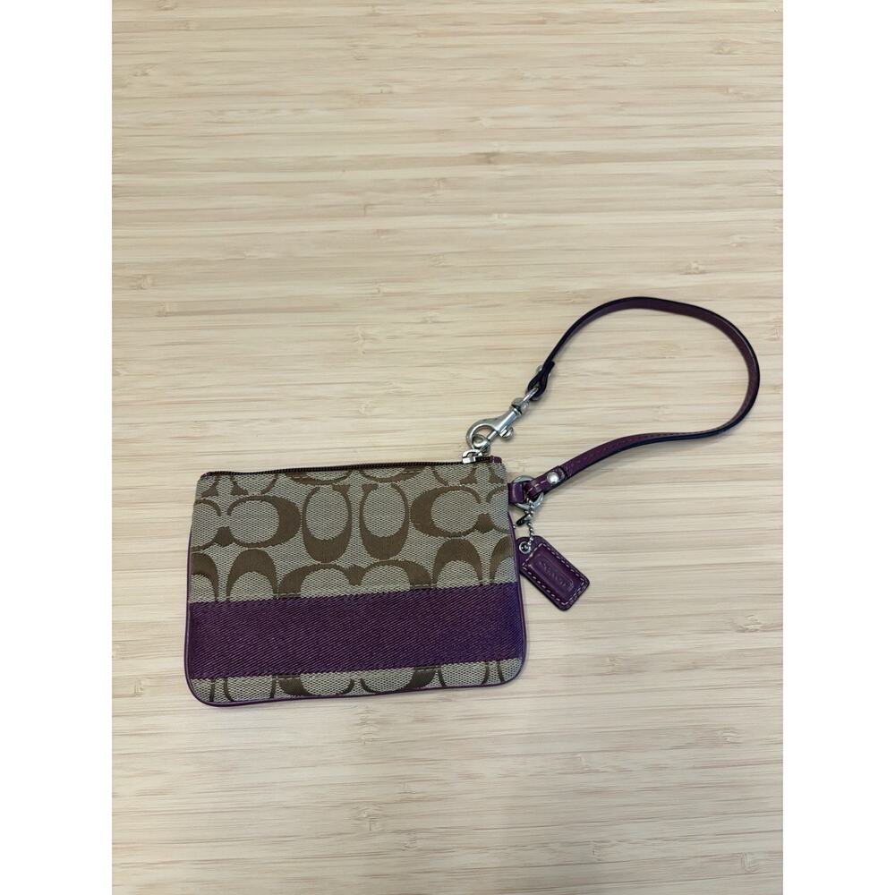 Coach Signature Stripe Wristlet Purple Trim Brown Monogram Canvas